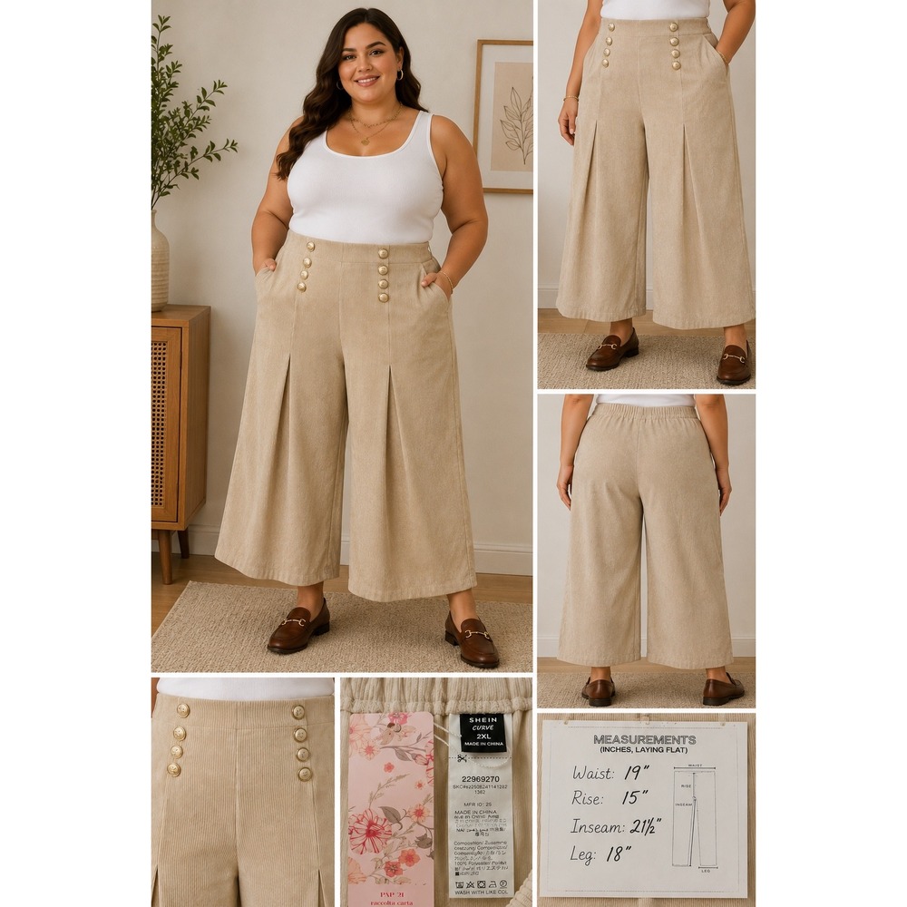 SHEIN Curve Womens 2XL Beige Corduroy Wide Leg Sailor Pants Gold Button Pleated